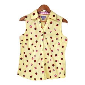 Vintage Laura Scott sleeveless button down shirt. Yellow with red strawberries